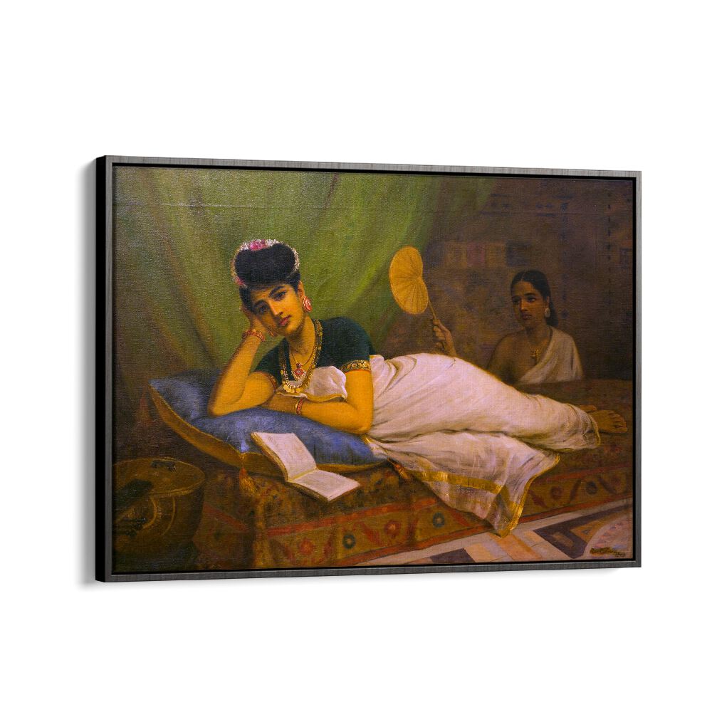 Reclining Woman By Raja Ravi Varma Indian Paintings in Black Floater Frame