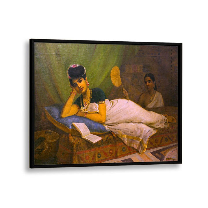 Reclining Woman By Raja Ravi Varma Indian Paintings in Black Plain Frame