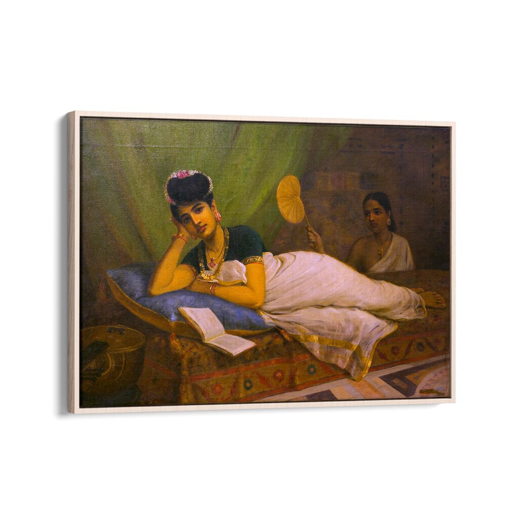 Reclining Woman By Raja Ravi Varma Indian Paintings in Oak Wood Floater Frame