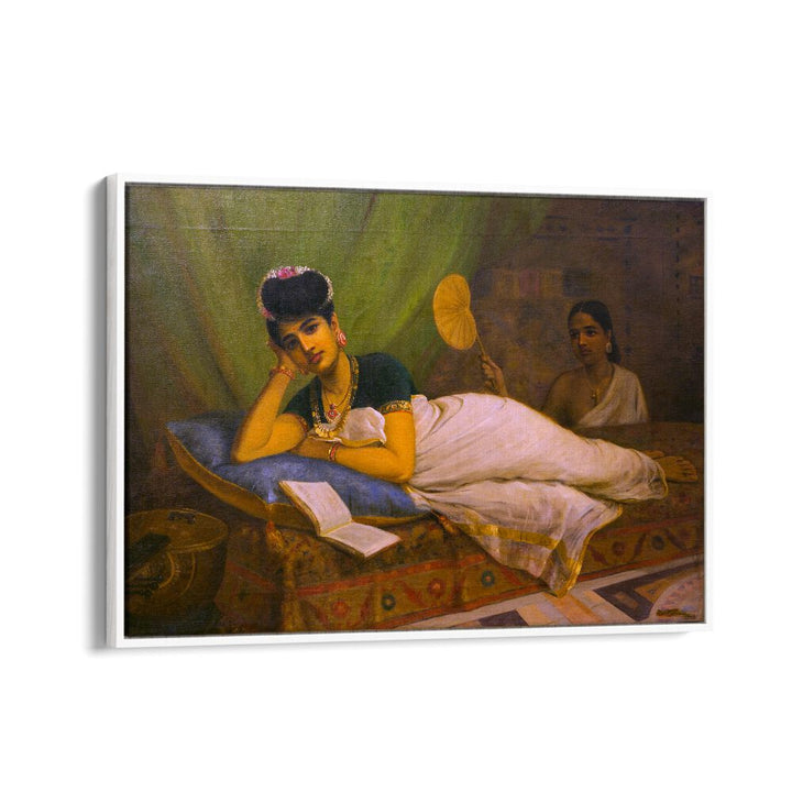 Reclining Woman By Raja Ravi Varma Indian Paintings in White Floater Frame