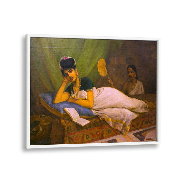 Reclining Woman By Raja Ravi Varma Indian Paintings in White Plain Frame