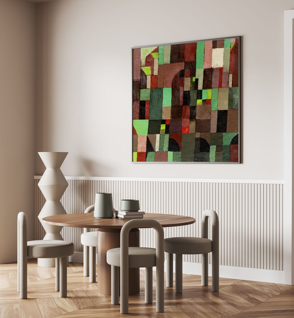 Red And Green Architecture 1922 Vintage Paintings in Black Plain Frame placed on a wall behind a dining table and beside a window for dining area 