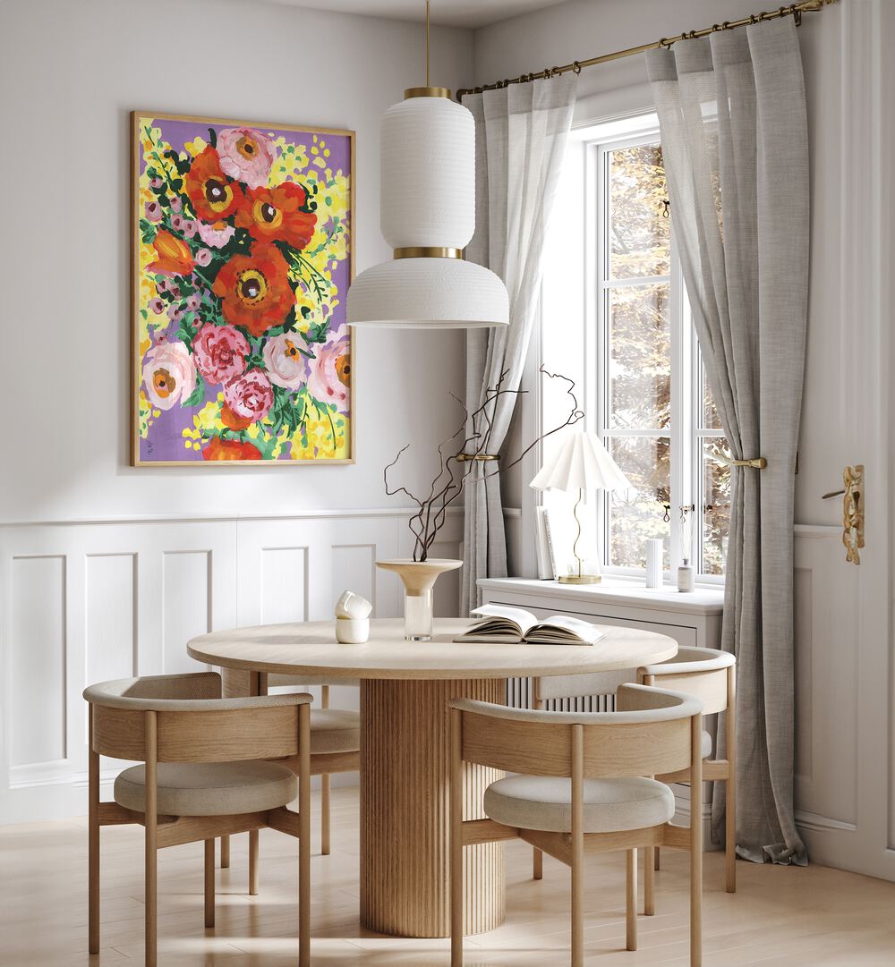 Red And Pink Bouquet On Violet By Ania Zwara Botanical Art Prints Floral Paintings in Oak Wood Plain Frame placed on a White Colored Wall near a Coffee Table in the Dining Room