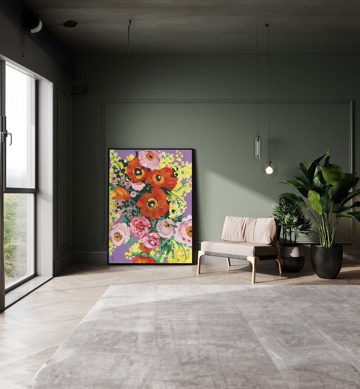 Red And Pink Bouquet On Violet By Ania Zwara Botanical Art Prints Floral Paintings in Black Plain Frame placed on the floor near a Green Colored Wall in the Drawing Room