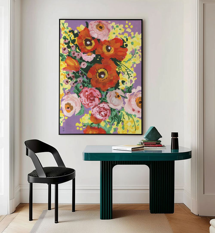 Red And Pink Bouquet On Violet By Ania Zwara Botanical Art Prints Floral Paintings in Black Plain Frame placed on a Cream Colored Wall near a Table in a Workspace in the Drawing Room