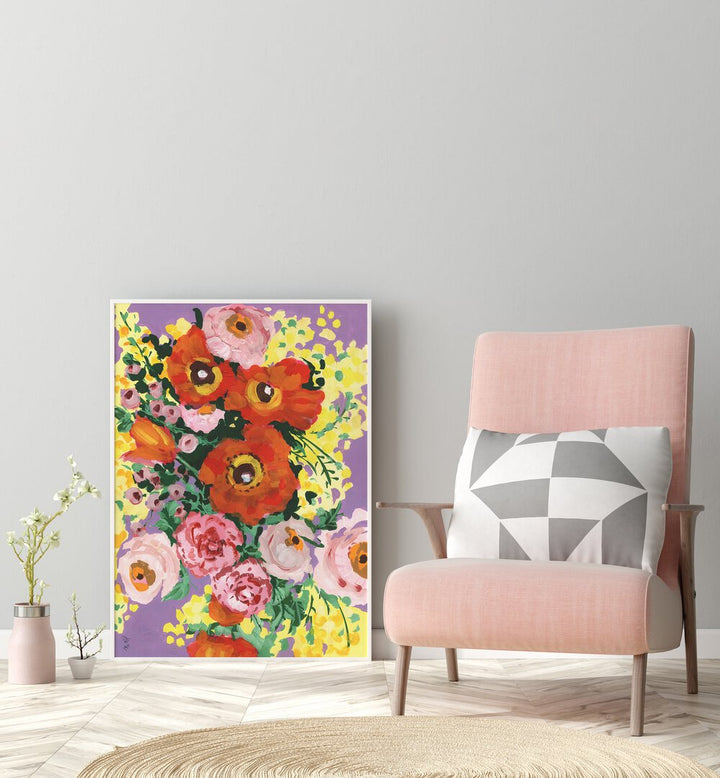 Red And Pink Bouquet On Violet By Ania Zwara Botanical Art Prints Floral Paintings in White Plain Frame placed on the floor near a Grey Colored Wall in the Drawing Room