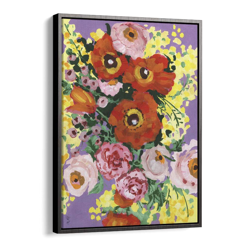 Red And Pink Bouquet On Violet By Ania Zwara Botanical Art Prints Floral Paintings in Black Floater Frame