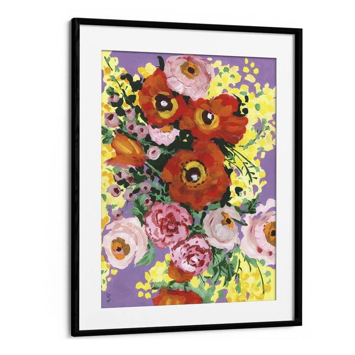 Red And Pink Bouquet On Violet By Ania Zwara Botanical Art Prints Floral Paintings in Black Frame With Mount