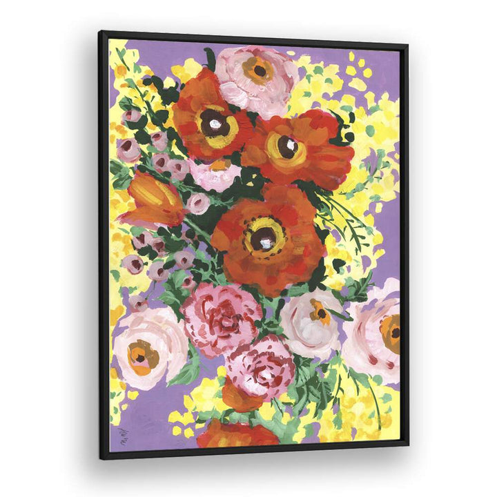 Red And Pink Bouquet On Violet By Ania Zwara Botanical Art Prints Floral Paintings in Black Plain Frame