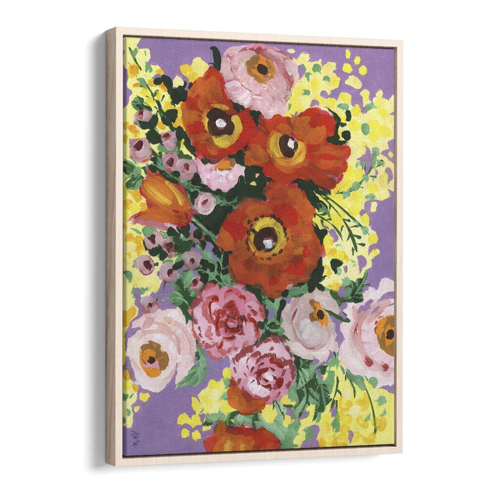 Red And Pink Bouquet On Violet By Ania Zwara Botanical Art Prints Floral Paintings in Oak Wood Floater Frame