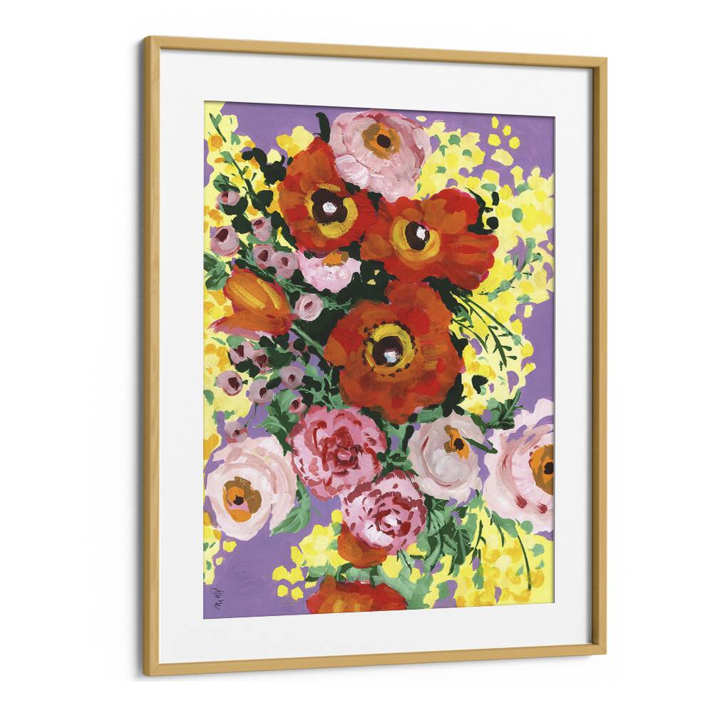 Red And Pink Bouquet On Violet By Ania Zwara Botanical Art Prints Floral Paintings in Oak Wood Frame With Mount