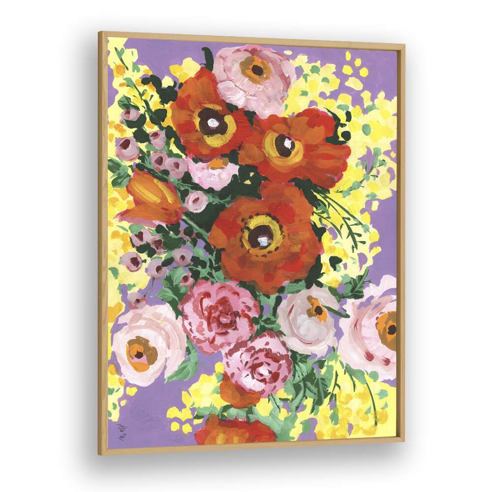 Red And Pink Bouquet On Violet By Ania Zwara Botanical Art Prints Floral Paintings in Oak Wood Plain Frame