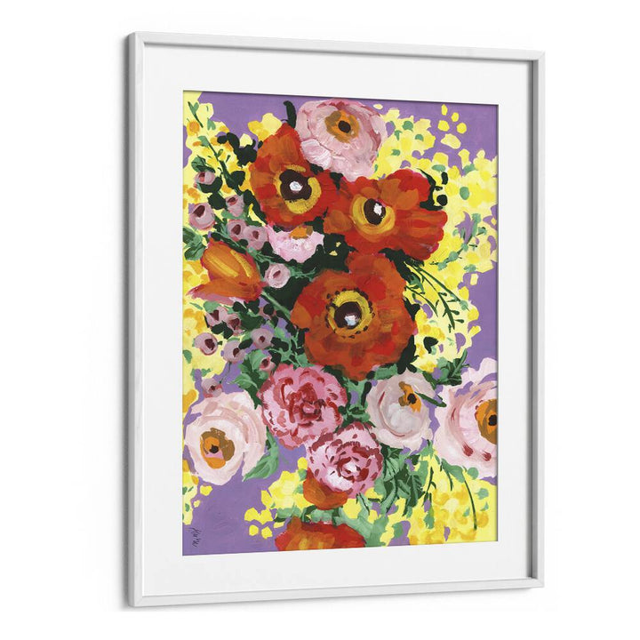 Red And Pink Bouquet On Violet By Ania Zwara Botanical Art Prints Floral Paintings in White Frame With Mount