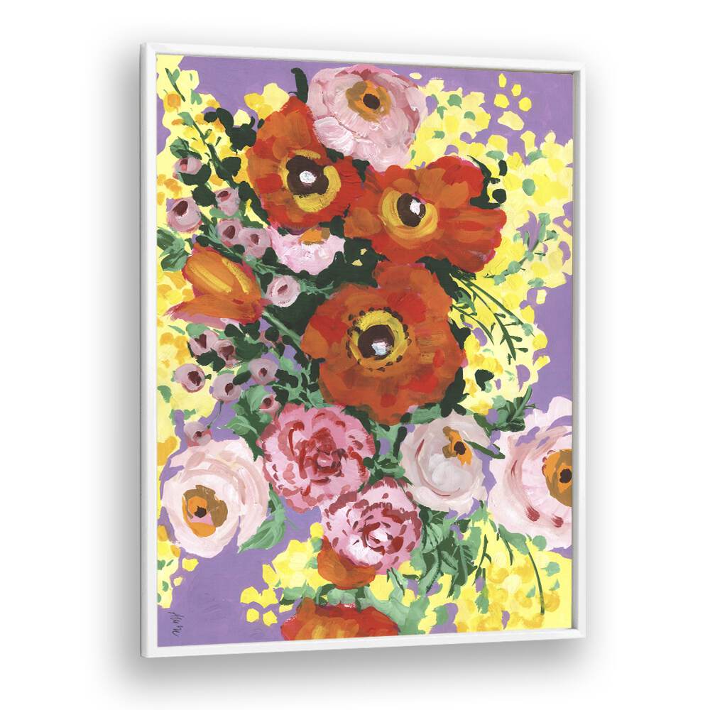 Red And Pink Bouquet On Violet By Ania Zwara Botanical Art Prints Floral Paintings in White Plain Frame