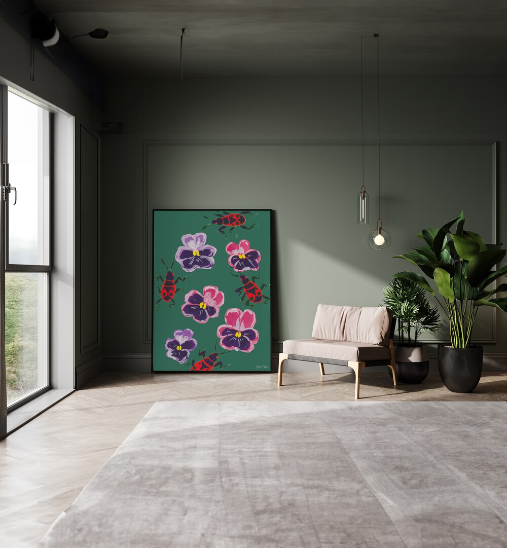 Red Bugs And Pansies By Ania Zwara Botanical Art Prints Floral Paintings in Black Plain Frame placed on the floor near a Green Colored Wall in the Drawing Room