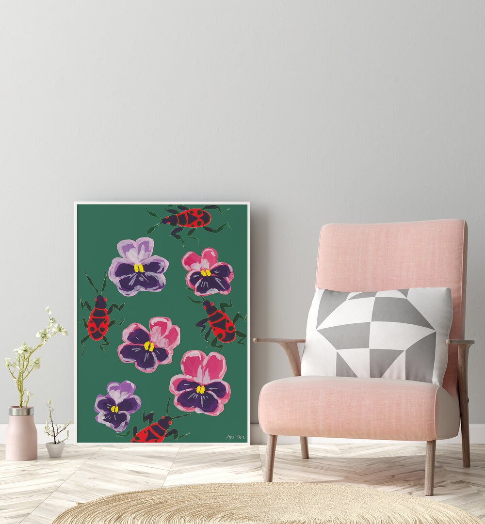 Red Bugs And Pansies By Ania Zwara Botanical Art Prints Floral Paintings in White Plain Frame placed on the floor near a Grey Colored Wall in the Drawing Room