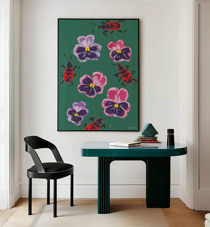 Red Bugs And Pansies By Ania Zwara Botanical Art Prints Floral Paintings in Black Plain Frame placed on a Cream Colored Wall near a Table in a Workspace in the Drawing Room