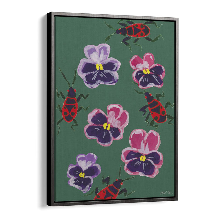 Red Bugs And Pansies By Ania Zwara Botanical Art Prints Floral Paintings in Black Floater Frame