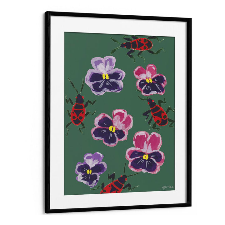 Red Bugs And Pansies By Ania Zwara Botanical Art Prints Floral Paintings in Black Frame With Mount