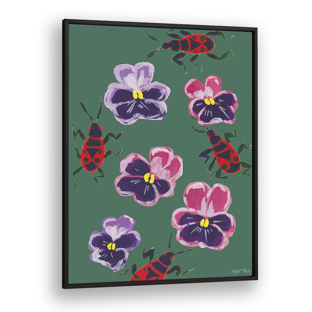 Red Bugs And Pansies By Ania Zwara Botanical Art Prints Floral Paintings in Black Plain Frame