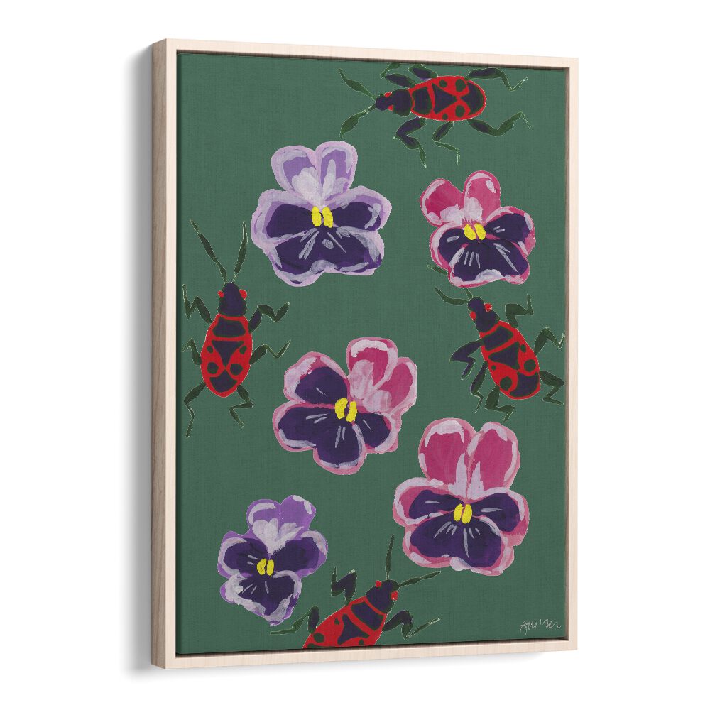 Red Bugs And Pansies By Ania Zwara Botanical Art Prints Floral Paintings in Oak Wood Floater Frame