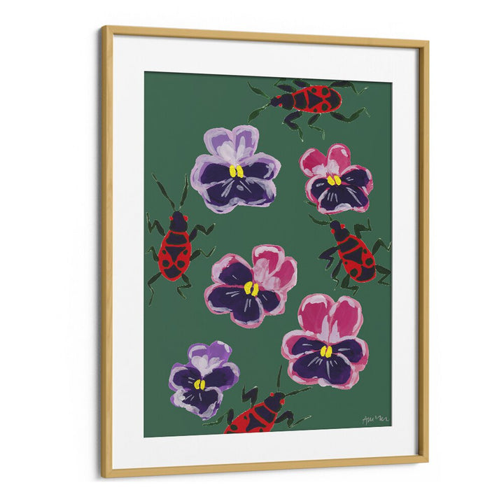 Red Bugs And Pansies By Ania Zwara Botanical Art Prints Floral Paintings in Oak Wood Frame With Mount