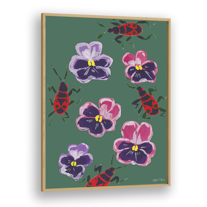 Red Bugs And Pansies By Ania Zwara Botanical Art Prints Floral Paintings in Oak Wood Plain Frame