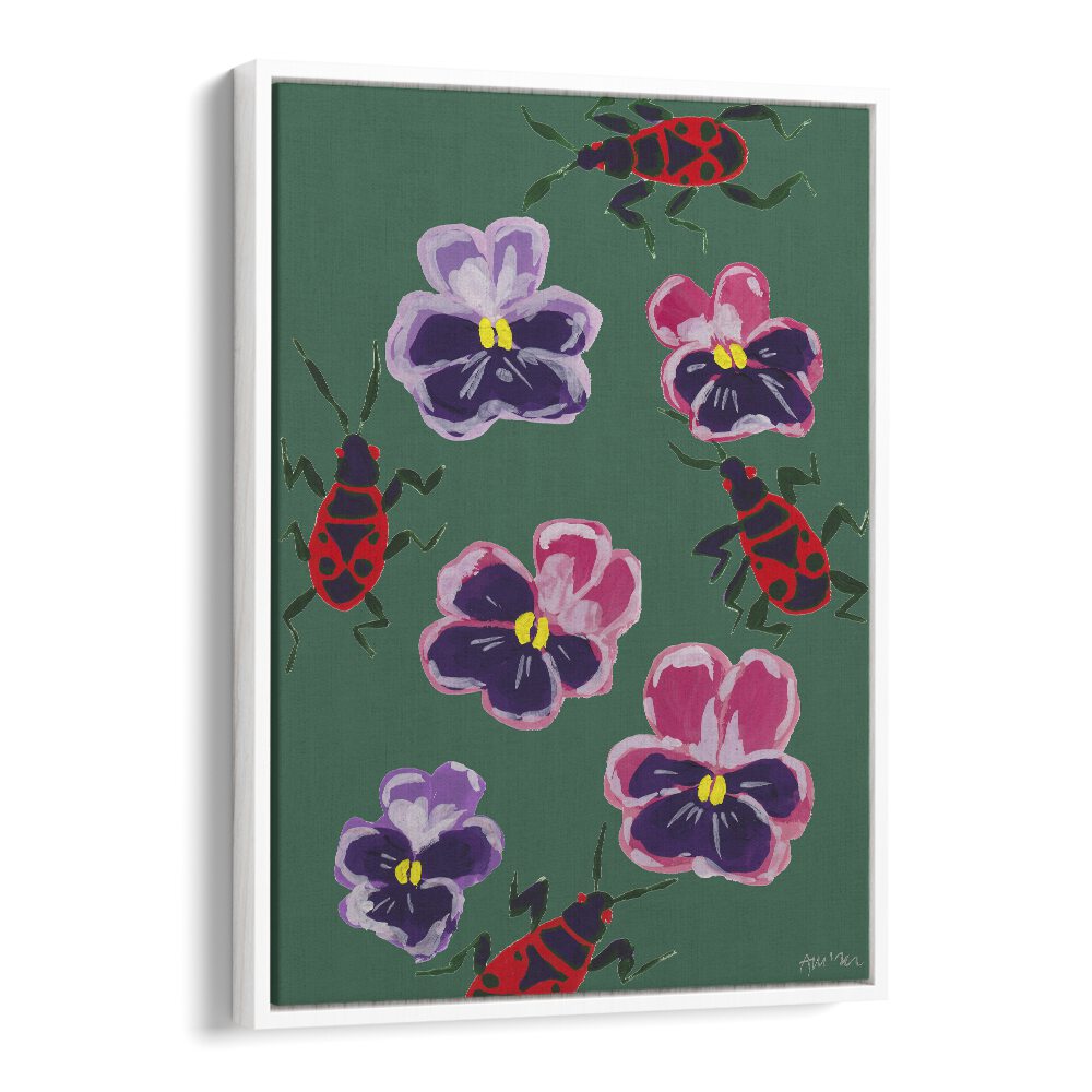 Red Bugs And Pansies By Ania Zwara Botanical Art Prints Floral Paintings in White Floater Frame