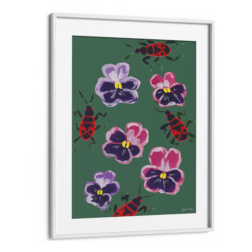 Red Bugs And Pansies By Ania Zwara Botanical Art Prints Floral Paintings in White Frame With Mount