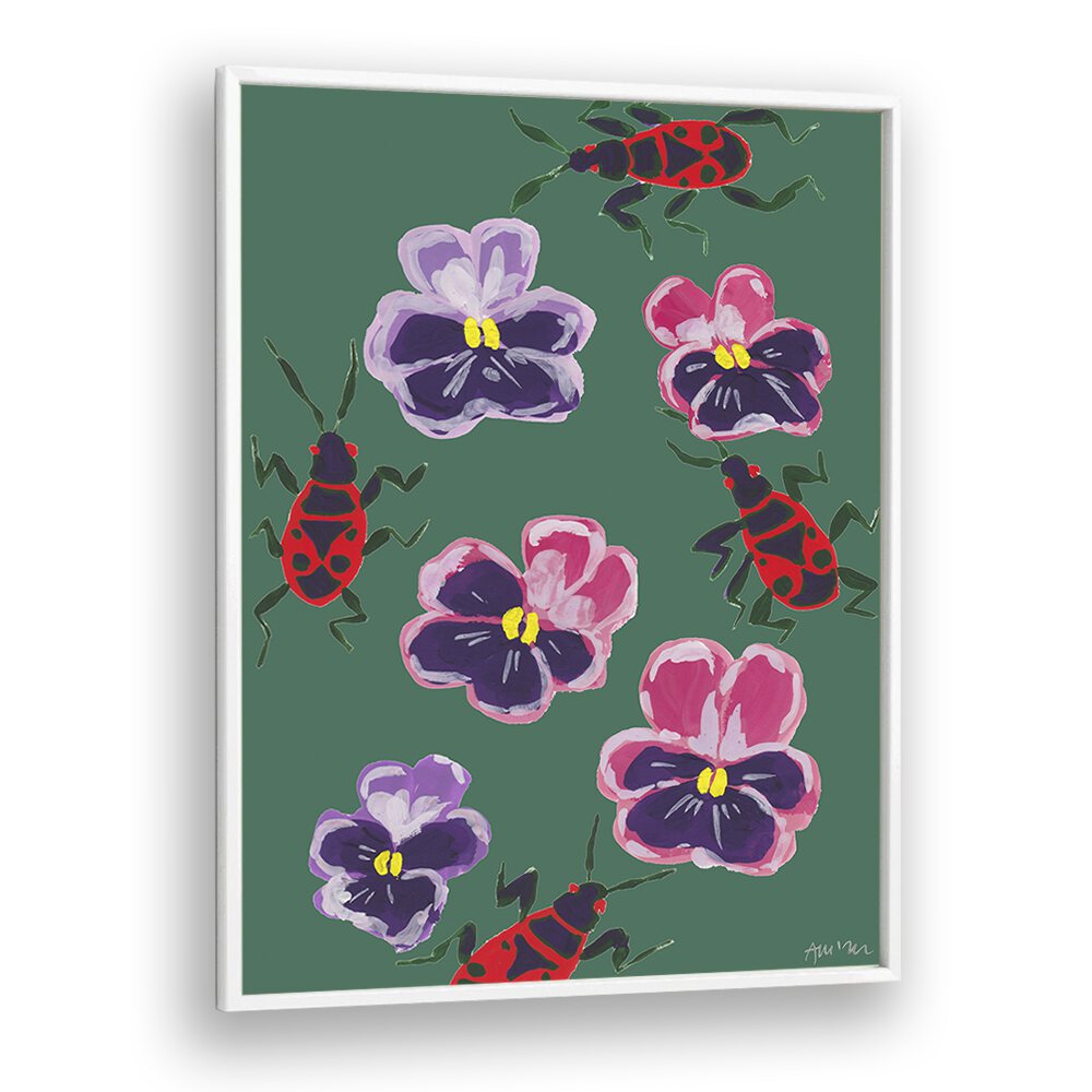 Red Bugs And Pansies By Ania Zwara Botanical Art Prints Floral Paintings in White Plain Frame