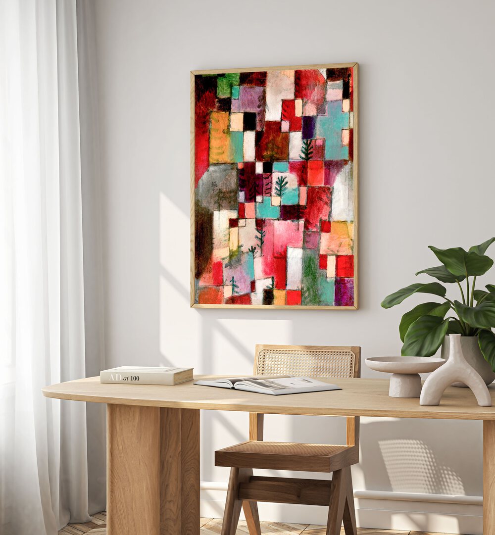 Red Green And Violet–yellow Rhythms 1920 Vintage Paintings in Oak Wood Plain Frame placed on a wall behind a study table