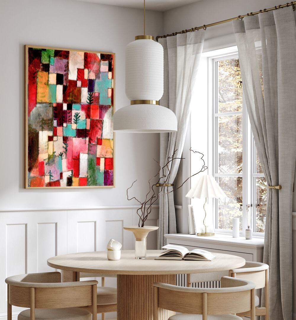 Red Green And Violet–yellow Rhythms 1920 Vintage Paintings in Oak Wood Plain Frame placed on a wall behind a dining table and beside a window for dining area