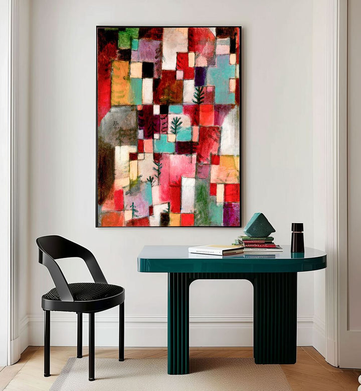 Red Green And Violet–yellow Rhythms 1920 Vintage Paintings in Black Plain Frame placed on a wall behind a study table