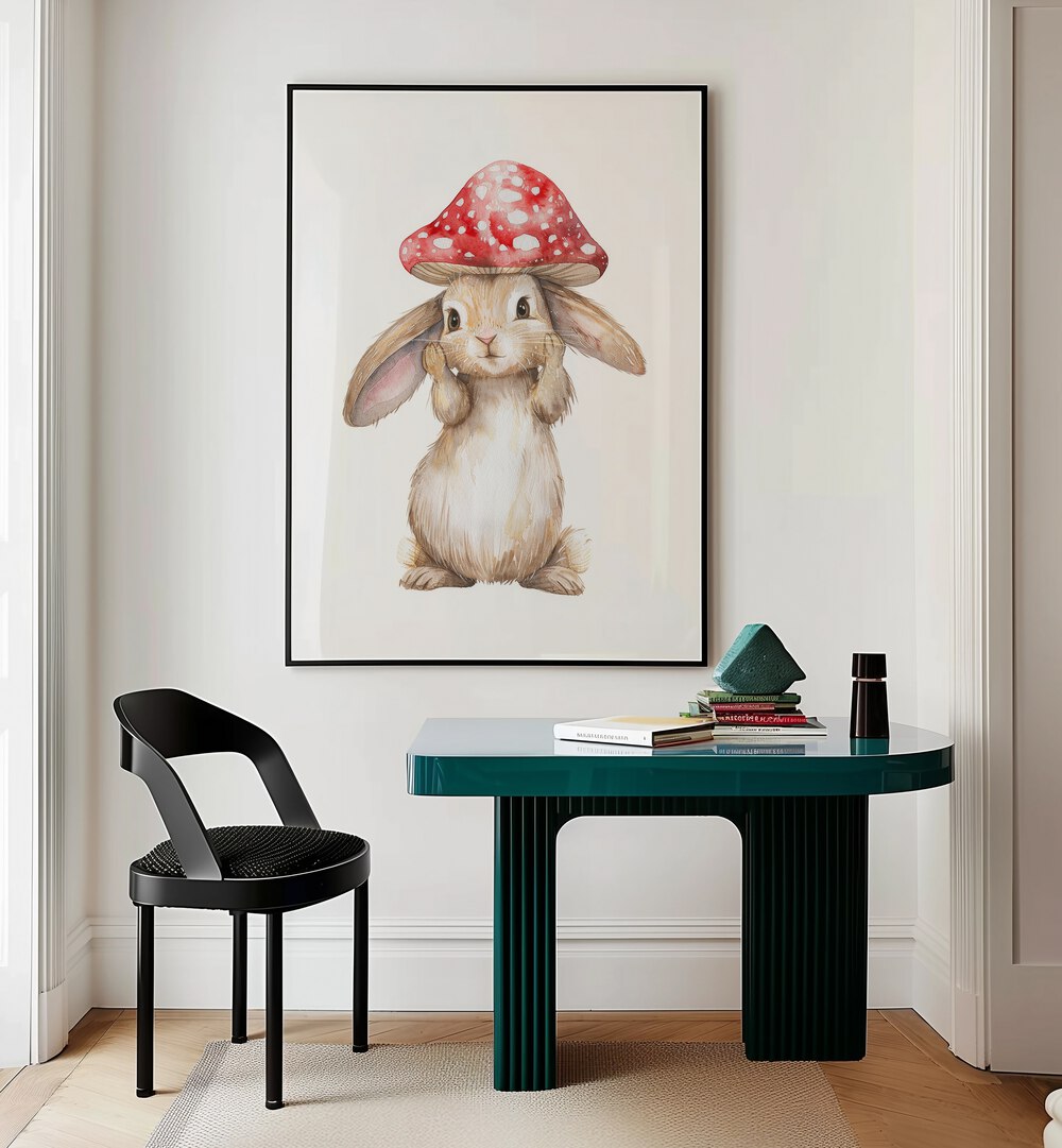 Red Hatter I Kids Room Paintings Kids Room Wall Art in Black Plain Frame placed on a wall behind a study table