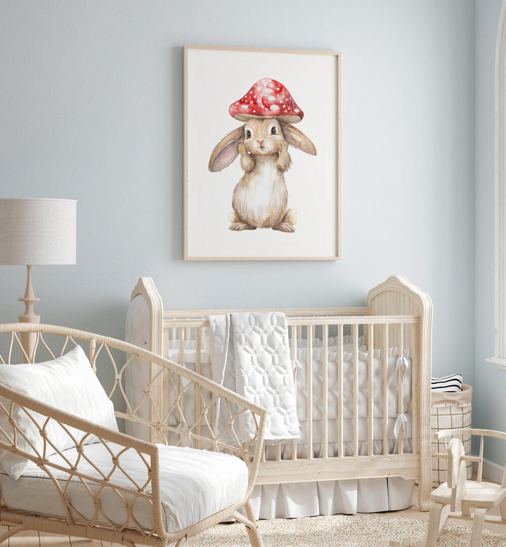 Red Hatter I Kids Room Paintings Kids Room Wall Art in Oak Wood Plain Frame placed on a wall in a kids room behind  an infant's bed