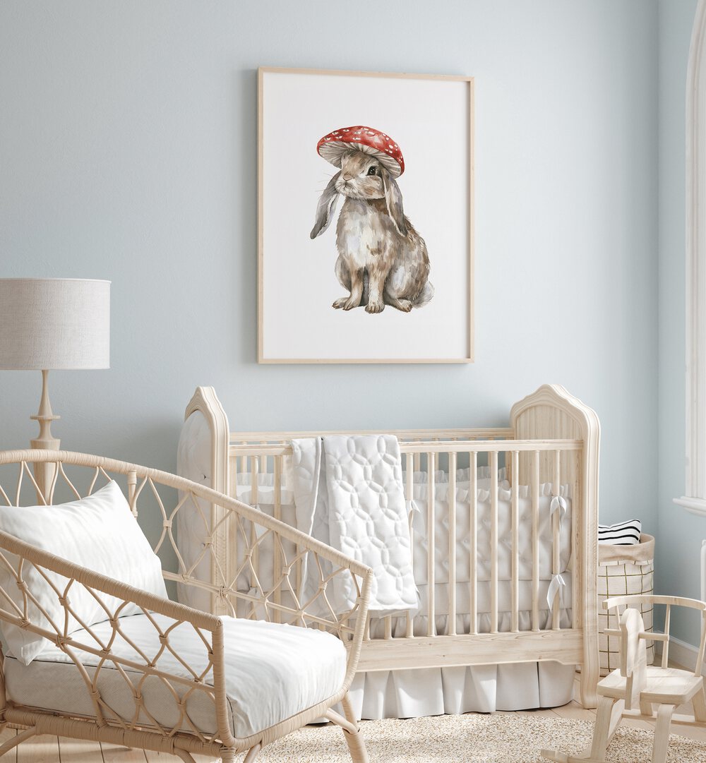 Red Hatter iii Kids Room Paintings Kids Room Wall Art in Oak Wood Plain Frame placed on a wall in a kids room behind an infant's bed