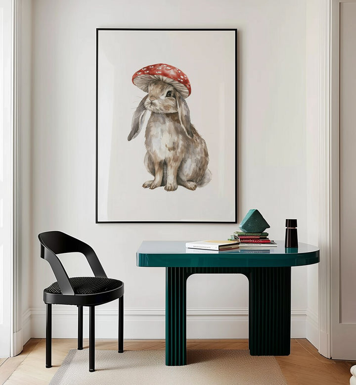 Red Hatter iii Kids Room Paintings Kids Room Wall Art in Black Plain Frame placed on a wall behind a study table