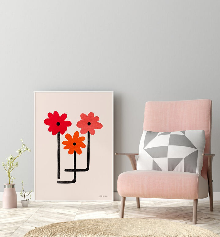 Red Hot Blooms by Kristian Gallagher Wall Art Prints in White Plain Frame placed on the floor beside a chair