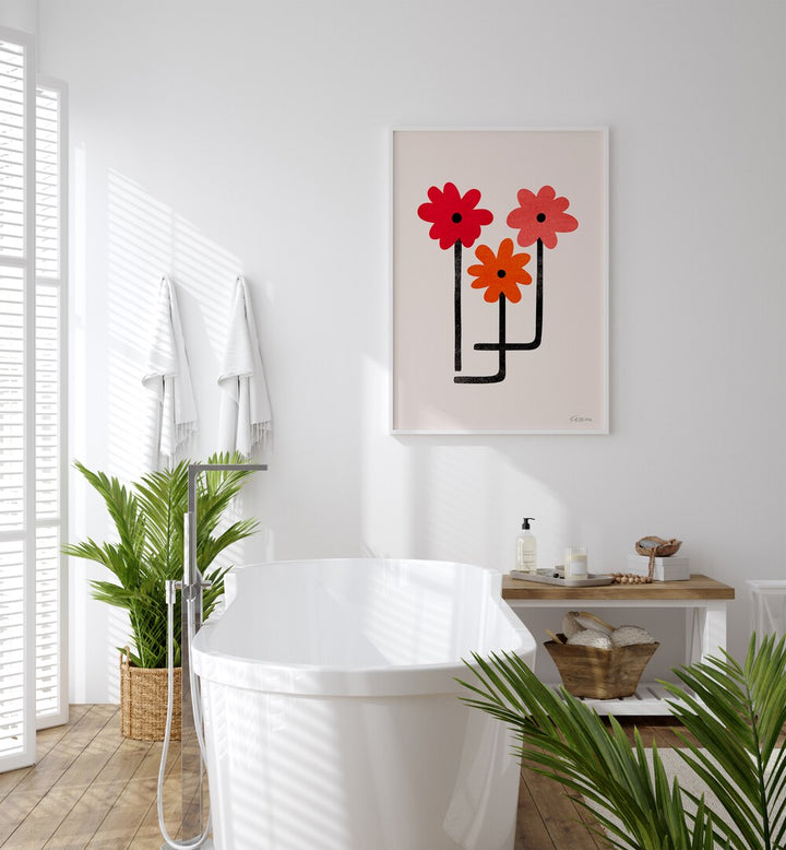 Red Hot Blooms by Kristian Gallagher Wall Art Prints in White Plain Frame placed on a wall behind a bathtub for bathroom