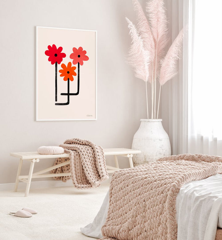 Red Hot Blooms by Kristian Gallagher Wall Art Prints in White Plain Frame placed on a wall behind a table for bedroom