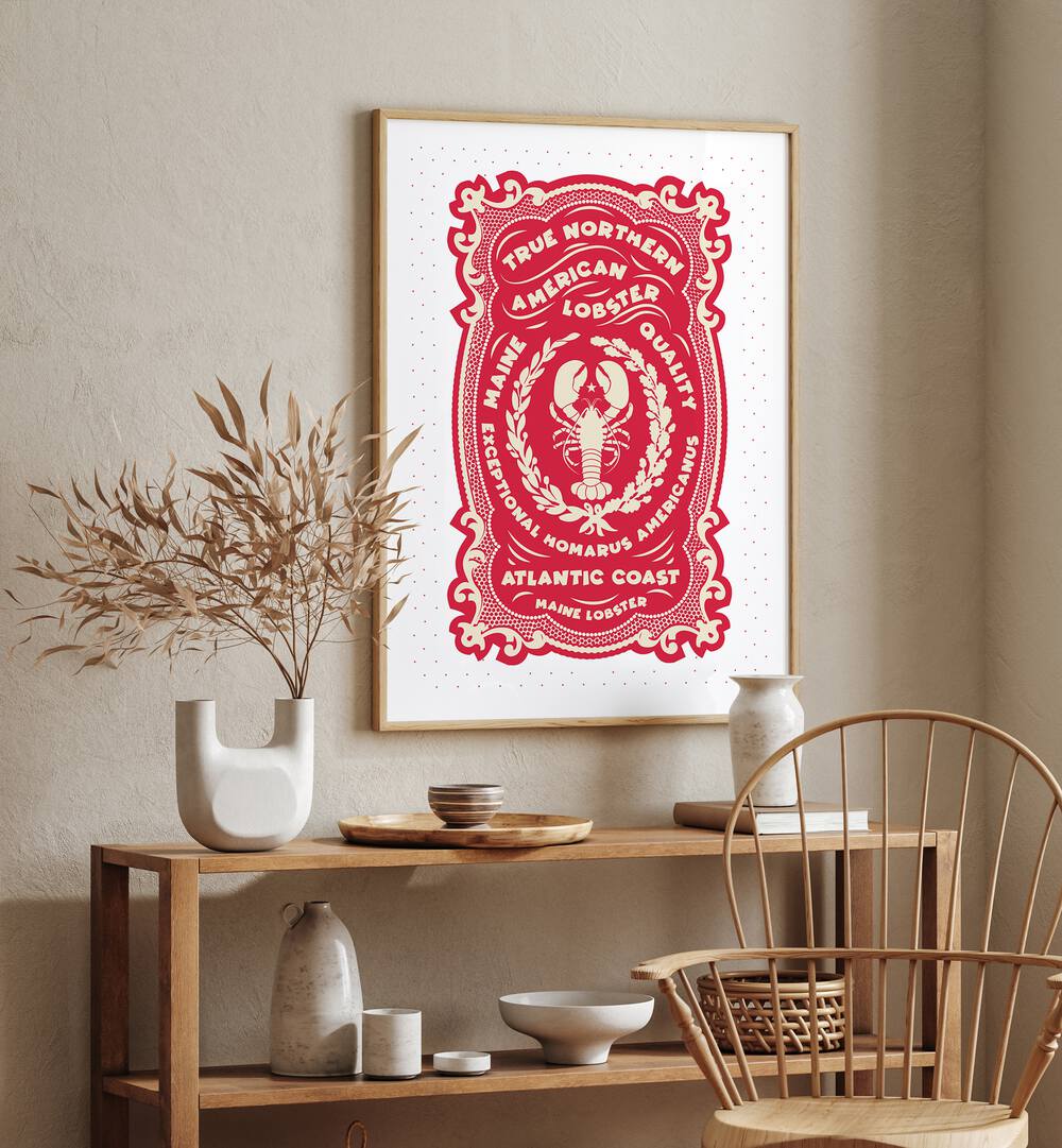 Red Lobster Print by Studio Mandariini Kitchen Posters Kitchen Art Prints in Oak Wood Plain Frame placed on a wall behind a table