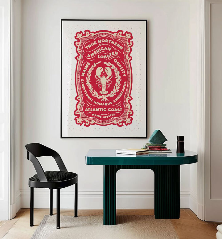 Red Lobster Print by Studio Mandariini Kitchen Posters Kitchen Art Prints in Black Plain Frame placed on a wall behind a study table