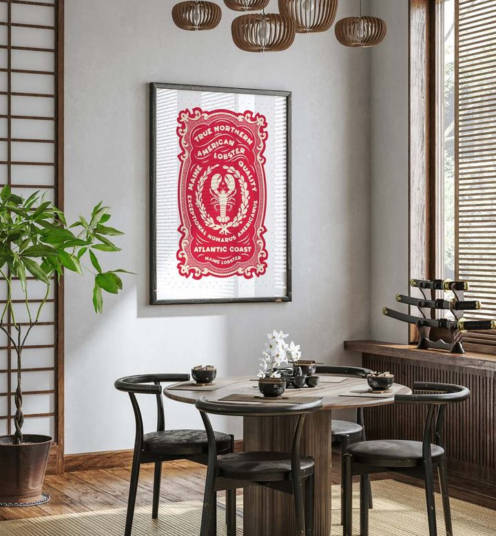 Red Lobster Print by Studio Mandariini Kitchen Posters Kitchen Art Prints in Black Plain Frame placed on a wall in a dining room area beside a window and behind a dining table