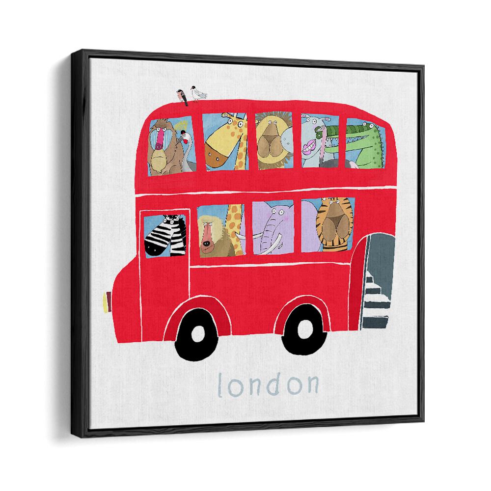 Red London Bus With Jungle Animals By Carla Daly Kids Room Art in Black Floater Frame