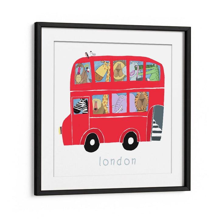 Red London Bus With Jungle Animals By Carla Daly Kids Room Art in Black Frame With Mount