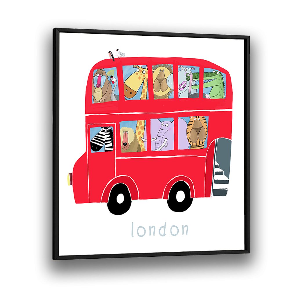 Red London Bus With Jungle Animals By Carla Daly Kids Room Art in Black Plain Frame