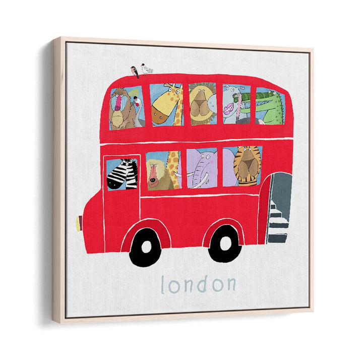 Red London Bus With Jungle Animals By Carla Daly Kids Room Art in Oak Wood Floater Frame