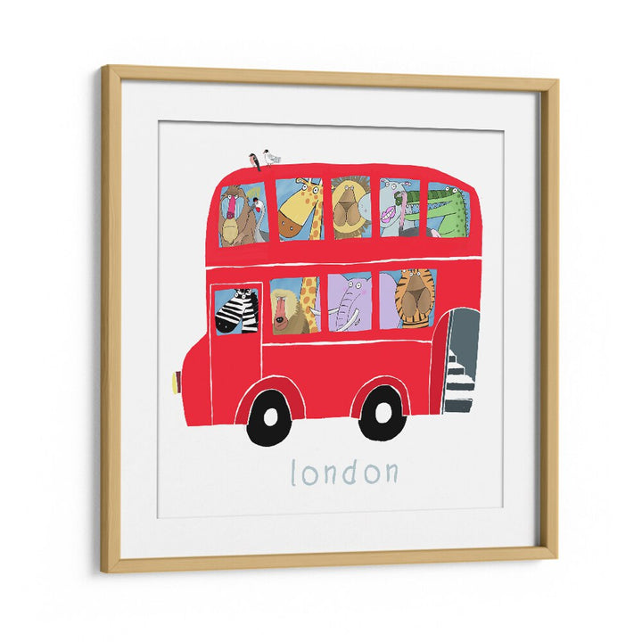 Red London Bus With Jungle Animals By Carla Daly Kids Room Art in Oak Wood Frame With Mount