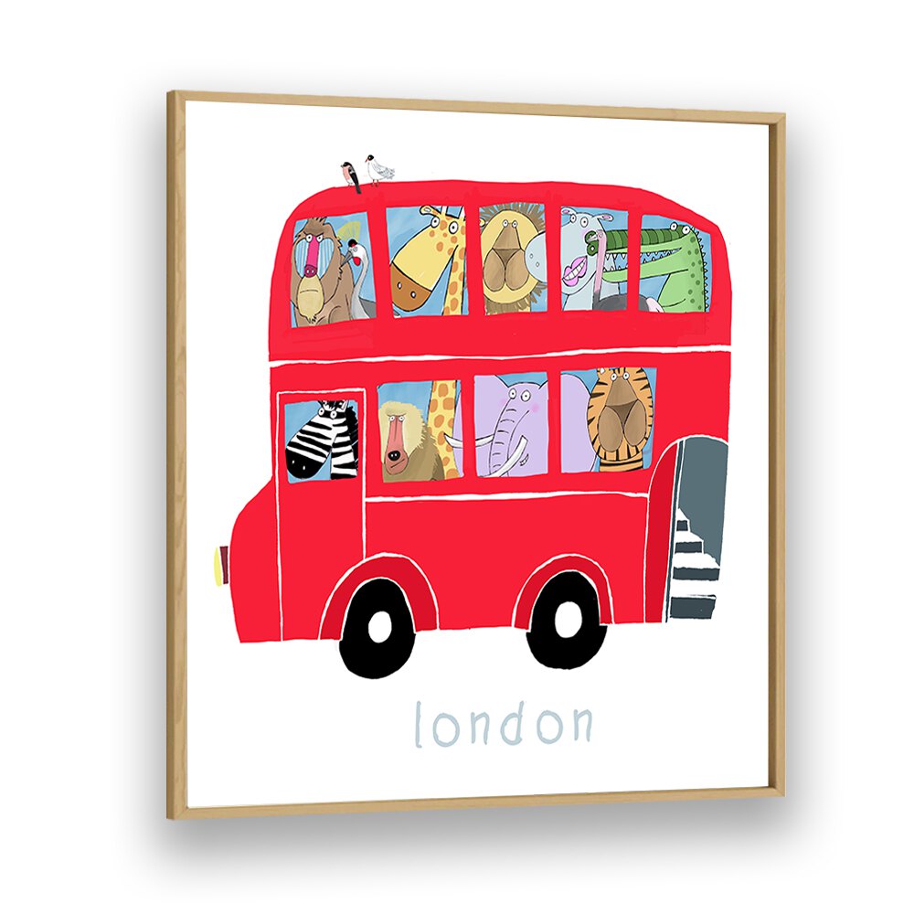 Red London Bus With Jungle Animals By Carla Daly Kids Room Art in Oak Wood Plain Frame