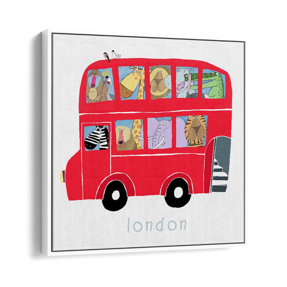 Red London Bus With Jungle Animals By Carla Daly Kids Room Art in White Floater Frame